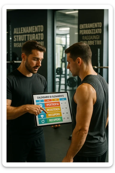realistic cinematic photo a personal trainer and a client stand in a modern gym, reviewing a large, color-coded training calendar or chart on a tablet. The calendar shows different phases (Forza, Ipertrofia, Resistenza, Recupero) with icons and dates. Around them, gym equipment and motivational posters reinforce the idea of structured, periodized training. in italiano sticker