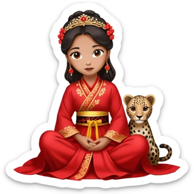 A beautiful girl in red Hanfu wedding dress sits on the ground holding a black leopard sticker