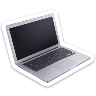 3D illustration of a MacBook laptop, slightly open, showing keyboard, metallic silver, realistic style sticker