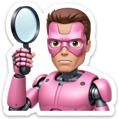 schwarzenegger-looking half robotic half human pink terminator holding magnifying glass, upper body sticker