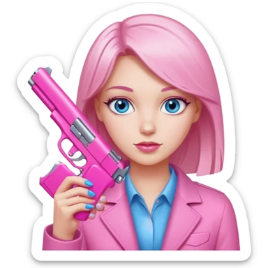 White Girl hand pink nails holding pink gun with blue eyes sticker