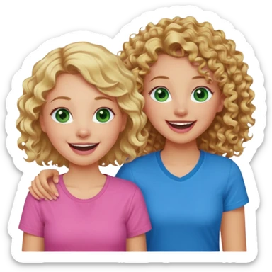 A blonde girl with green eyes and a pink shirt laughing with a dark tan girl with curly brown hair and blue eyes and a blue shirt sticker