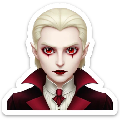 Cinematic Noble Vampire Portrait Emoji, Elegant and commanding, with a refined, pale visage framed by dark, velvet accents and a hint of crimson, exuding timeless seduction and dangerous allure, simplified yet exquisitely detailed, glowing with a soft nocturnal radiance and a subtle, mysterious outline that captures the regal spirit of an immortal lord of the night! sticker