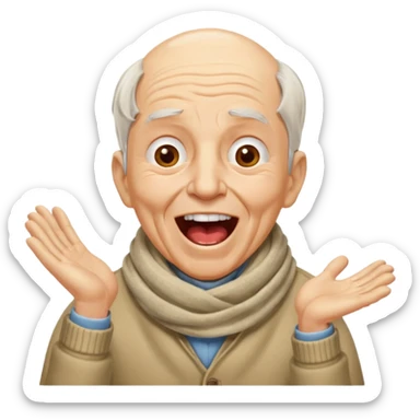 An elderly man with scarf and wrinkles, shouting joyfully despite missing a few teeth. sticker