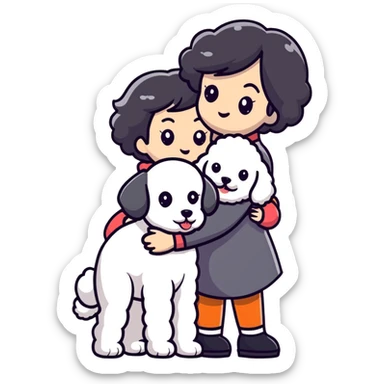 Woman with short black straight hair hugging a brown poodle and a white bichon frise sticker