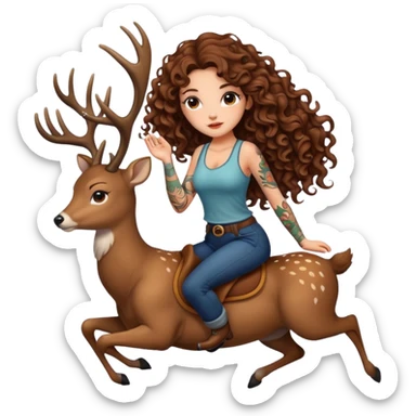 cute woman long curly brown hair tattoos riding calm deer sticker