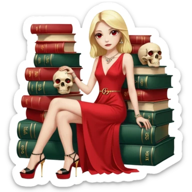 Lilith symbol red eye seductress evil shoulder length blonde haired powerful woman with Gucci  long dress with slit, sitting on of gold and diamonds. Black Platform high heels on feet. seat full of stacks,  dead human skull of her enemies in her other hand sticker