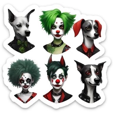 Punk Green gray black red punk dog joker Harley Quinn mime clown harlequin facepaint tattoos punk lurcher surrealism  sticker
