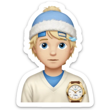 Create a look for a blond boy with long, tousled hair, light eyes, a white sweater, a wealthy appearance, blue eyes, and accessories like a Rolex or Cartier watch, and a cute face with messy hair down. blue eyes + + pajama white fluffy + cap fluffy sticker