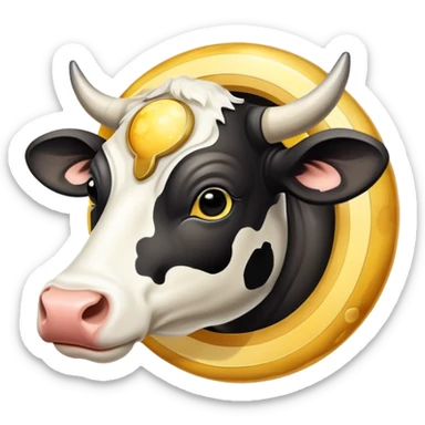 A spotted black and white cow head with Saturn's yellow-beige planet as the body and its iconic rings around the middle sticker