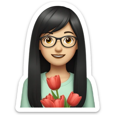 asian pale skin girl with long black hair and bangs and glasses holding tulips, smiling sticker