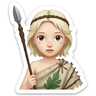 ancient girl, tattered leaf cloth, hold broken stone spear sticker