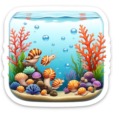 A colorful aquarium with shells, snails, and other mollusks. The water is clear and full of life, with bubbles rising and soft coral on the bottom. The background includes gentle aquatic plants swaying in the current. Transparent background. sticker