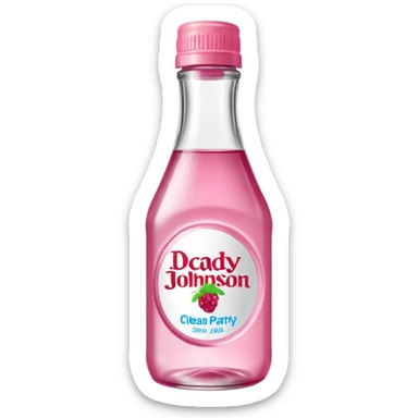 realistic Johnson and Johnson style bottle pink cap pink label clear bottle with berry party written on the logo with diddy logo bottle leaking oil from the top sticker