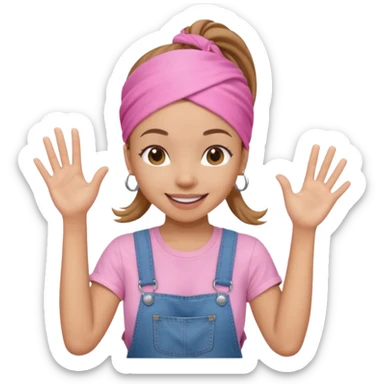 Light skin woman with brown ponytail and light pink head bandana. pink t-shirt with denim overalls. Expression is friendly with big smile and waving hello sticker