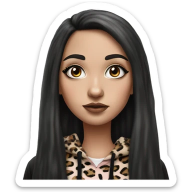 Hyperrealistic white girl with long black hair with a pink fringe and has eye makeup on, she is wearing a black and leopard print hoodie  sticker