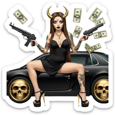 Sensual woman long brown straight haired sexy drug lord woman with tattoos on arm sleeves and black thick butt platform high heels on her feet, and devil black horns on her head, she is holding a skull head and a gun. Sitting on gold car full of cash , long black dress with sexy slit sticker