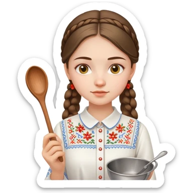 Ukrainian young girl in a white embroidered traditional shirt holding cooking tools like spoon and ladle sticker