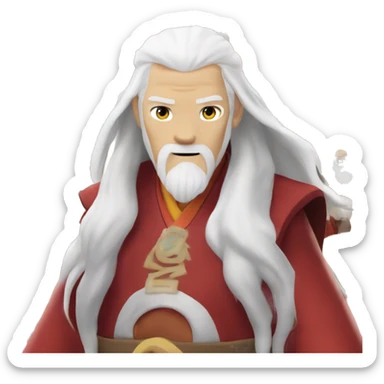 avatar roku from avatar the last airbender. he is a white older man, and have long white hair and a long white beard in a fire nation red color in hex color 6e0c00. he needs to be in the red uniform. he should not have a head covering sticker