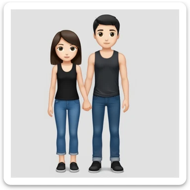 A girl with long brown hair holding the hand of a boy with short black hair, she wearing a black tank top with flared blue jeans, he wearing a black t-shirt with grey jeans, couple in love sticker