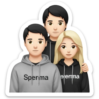 I want it to be this emote 🙍‍♂️
of a white guy with black hair and a black sweatshirt with the word "sperma" written in white in the middle. Behind him, there's a pretty blonde with long hair, pulling the string on the first person's hoodie. The girl is wearing a gray sweatshirt. sticker