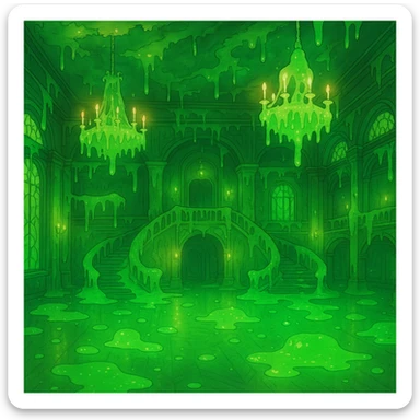 a ghibli-inspired dance hall with a whimsical, slimy atmosphere and glowing green ooze sticker