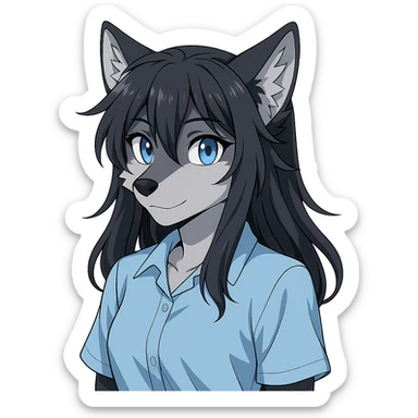anime style wolf furry character with blue eyes, long black hair, wearing a light blue shirt sticker