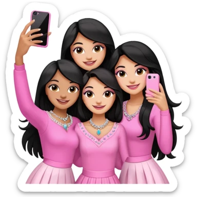 3 besties with professional glammed up looks wearing pink and white, medium skin tone smiling big with black long hair. Very girly wearing jewelry, taking a selfie  sticker