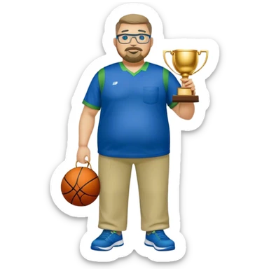 full body white obese male basketball coach with trophy. Goatee , Wearing glasses and blue and green polio and khaki pants sticker