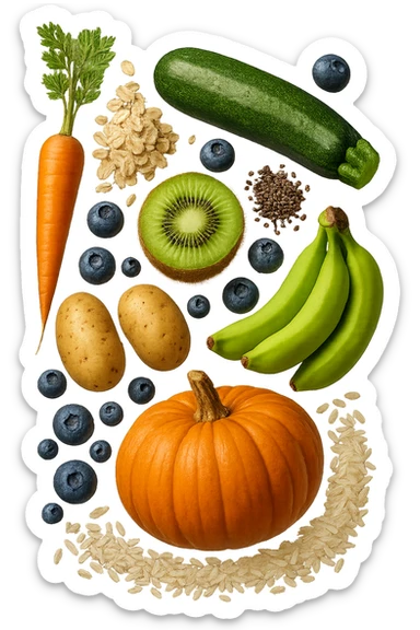 carota, fiocchi di avena, zucchine, kiwi, mirtilli, semi di chia, patate, banane acerbe, zucca, riso fluttuano in aria verticalmente, iperrealistici 4k sticker