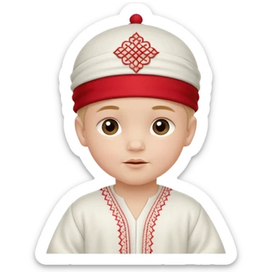  baby boy dressed in wight ghalibiya with delicate decorations with a red Moracain hat  sticker