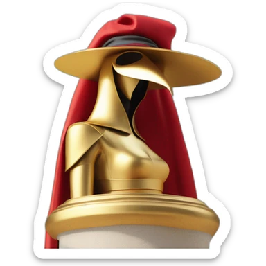 distant view of an abstract renaissance color sculpture of a female figure with a red plague doctor mask on her face standing on a golden greek ancient style column, 4K resolution sticker