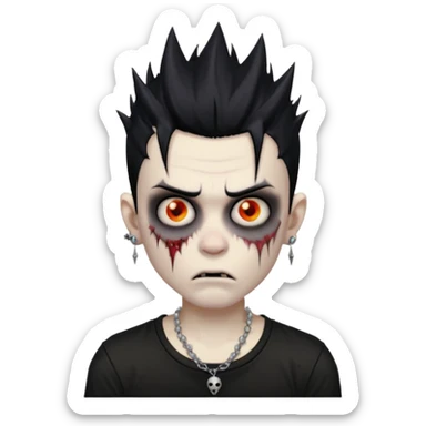 zombie boy with spiky emo black hair and white shirt , tattos, a risk on the eyebrow, earings,  a necklace emoji  sticker