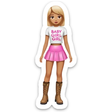 Mini latex skirt and boots and short top with pink inscription “Baby girl” sticker