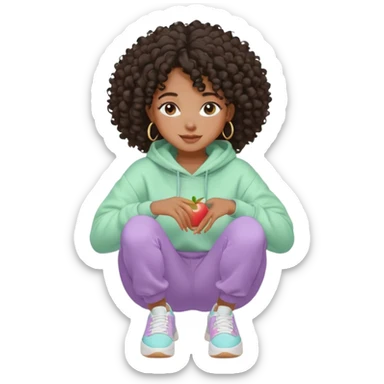 Black girl, clean girl aesthetic, 4C curly hair in a puff, pastel hoodie, white sneakers, minimal jewelry, soft smile, cozy vibe, bright colors, Apple-style. Taking care of my skin and my vibe, always. sticker