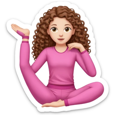 pale white girl with long brown curly hair stretching pink sticker