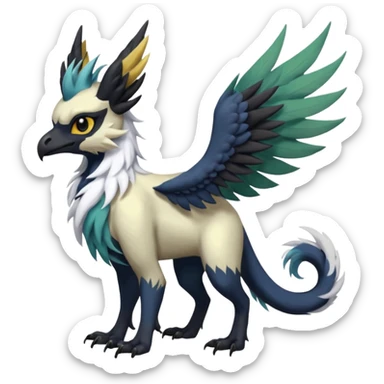 Dark-deep-colored gryphon-Trico-Nargacuga-Absol-Leafeon-Sprigatito-Silvally-fusion-hybrid with a long tufted tail, black beak, black claws, black tail, majestic, realistic, furry (full body) sticker