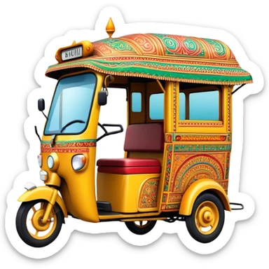 Cinematic Realistic Indian Auto Rickshaw Emoji, depicted as a colorful, bustling auto rickshaw with intricate designs and vibrant hues, rendered with lively textures and dynamic urban lighting that captures its quintessential presence in Indian cities. sticker