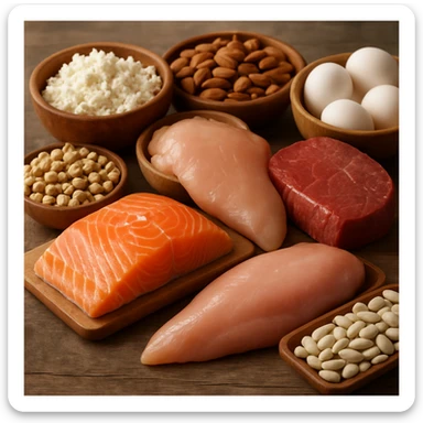 realistic representation of assorted protein foods, natural colors, inviting appearance, photographic style sticker