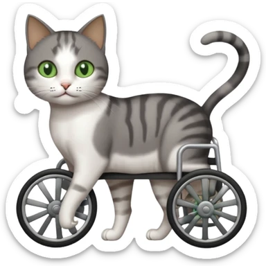 full body small short hair dark grey and white cat with green eyes walking in a wheelchair for cats sticker