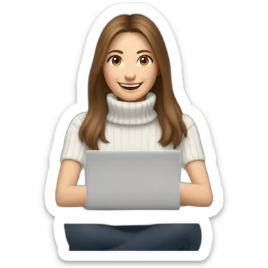 smiling without showing teeth woman with pale skin middle brown long straight hair with a laptop and a coffee mug wearing a white woolly shirt with a turtle neck sticker