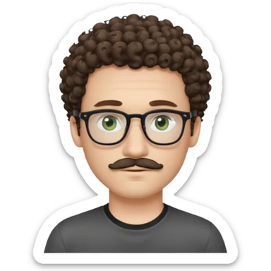 Light brunette curly haired young man with pale skin and glasses. Eyes are greenish grey and he has a moustache. Black t-shirt. sticker