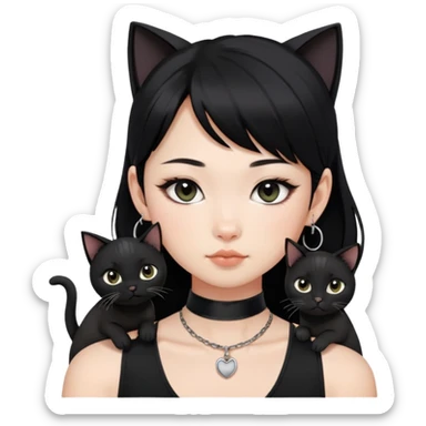 Asian girl, black hair.  Holding two BLACK cats with one cat has a round fat face. Both pure black.  The girl also wearing a black singlet, a black chocker, silver round hook earring, and wearing eyeliner.  sticker