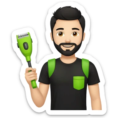 handsome young man, fair complexion, messy black hair and beard, smiling, black t-shirt, holding a palm-sized lime green trimmer in one hand sticker