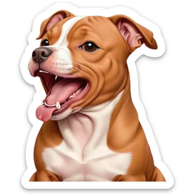 Cinematic Cute Yawning Red/Fawn Staffordshire Bull Terrier Portrait Emoji, Head tilted slightly with a dramatic, wide-open yawn, showcasing a smooth red/fawn Fur with crisp white accents, floppy ears slightly drooping, round dark eyes barely open in drowsy contentment, Simplified yet irresistibly adorable features, highly detailed, glowing with a soft, cozy glow, high shine, relaxed yet expressive, stylized with a touch of whimsy, bright and endearing, soft glowing outline, capturing the essence of a sleepy yet affectionate guardian, so drowsy it feels like it could stretch right out of the screen and curl up for a nap! sticker