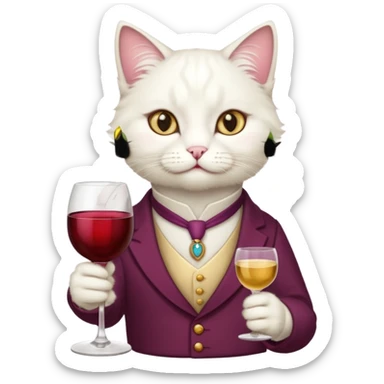 Fancy white cat with a cup of wine sticker