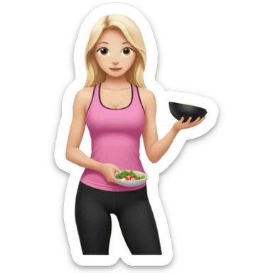 Render from knees up, view from the back, fair skinned woman, thin, long blond hair, cooking dinner in kitchen, pink loose tank top, showing natural B cup breast shape SFW, black yoga pants, perfect booty sticker