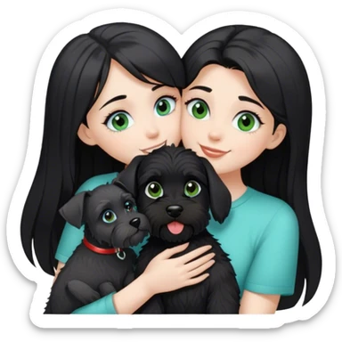 pale girl  with light green blue eyes and long black hair wearing black shirt kissing female schnauzer holding smiling black schnauzer  sticker