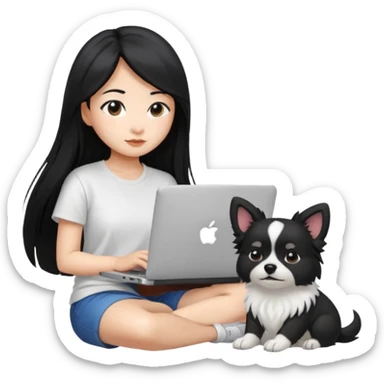 Blue back ground, Asian girl with long black hair , wearing a white t-shirt, working on an Apple laptop, next to her is a small black and white dog sticker