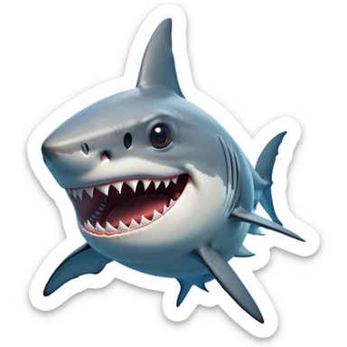 Cinematic Comical Great White Shark Portrait Emoji, Head tilted dramatically with an exaggeratedly shocked expression, featuring its iconic pointed snout, wide, comically expressive eyes, and a sleek body with a prominently defined dorsal fin, Simplified yet hilariously expressive features, highly detailed, glowing with a slightly sassy oceanic glow, high shine, dramatic yet playful, stylized with an air of cheeky marine mischief, soft glowing outline, capturing the essence of a meme-worthy great white shark that looks ready to side-eye its way into viral fame! sticker